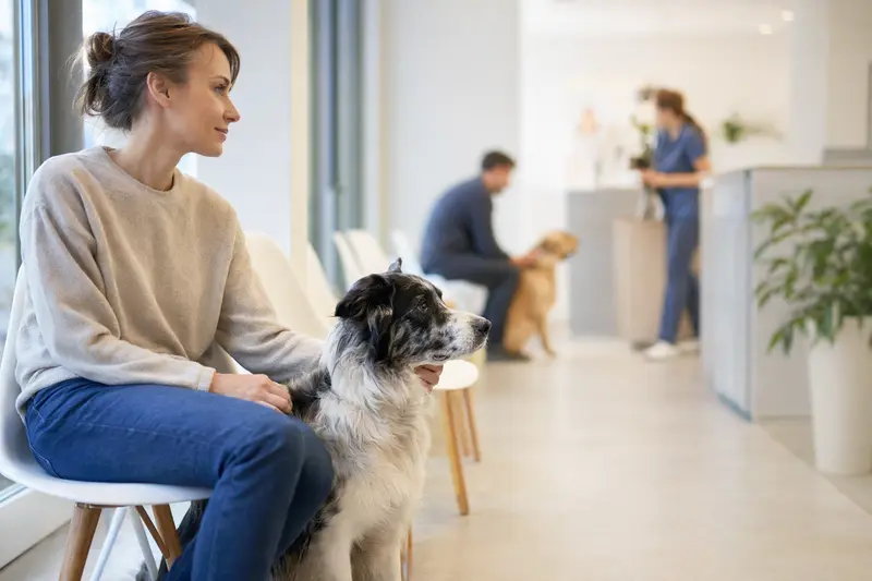 Ein Border Collie sitzt ruhig neben seinem Besitzer im hellen Wartezimmer einer modernen Tierarztpraxis.